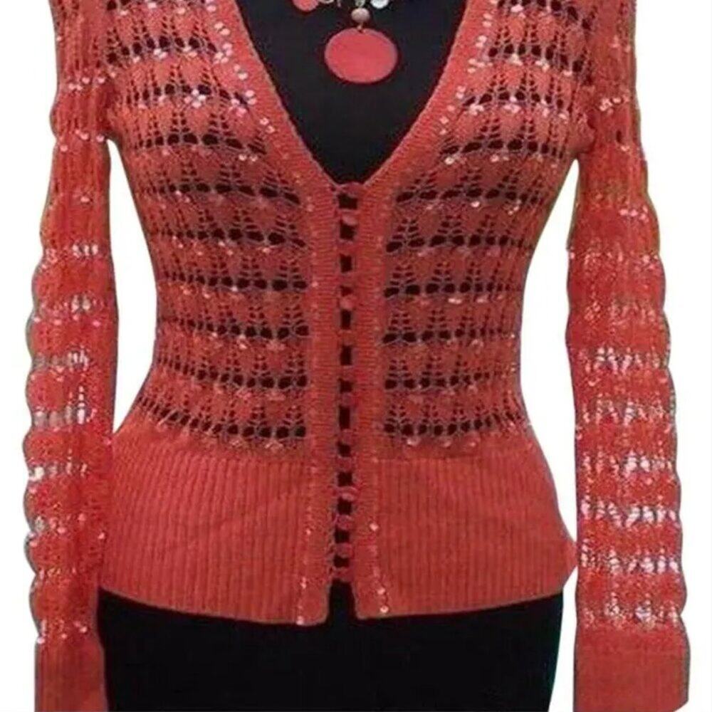Cache Peek A Knit Sequin Kissed Sweater Top New Cardigan Tussan Silk $118 NWT - Picture 4 of 6